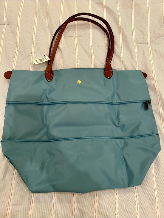 Handbags - Longchamp Le Pliage Expandable Blue Tote with Brown Handles